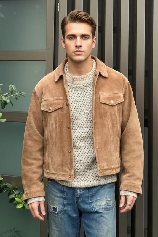 Person wearing a brown suede jacket, patterned sweater, and blue jeans standing against a neutral background.