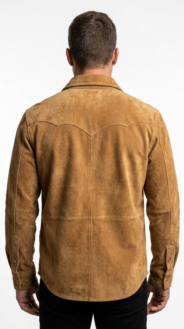 Men's Cognac Suede Cowboy Western Snap Shirt — Gunmetal Hardware | Scalloped Back Yoke | Dual Chest Pockets | Genuine Suede | Handcrafted