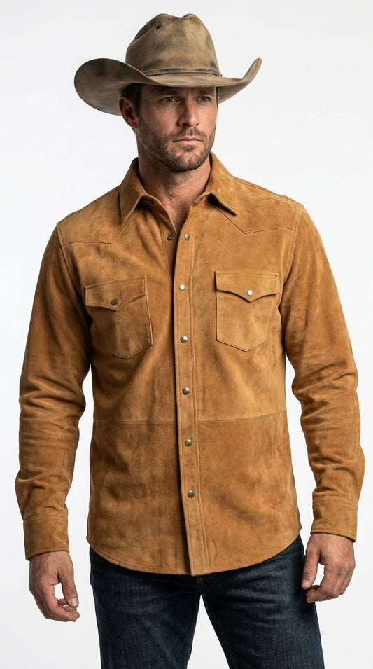 Men's Cognac Suede Cowboy Western Snap Shirt — Gunmetal Hardware | Scalloped Back Yoke | Dual Chest Pockets | Genuine Suede | Handcrafted