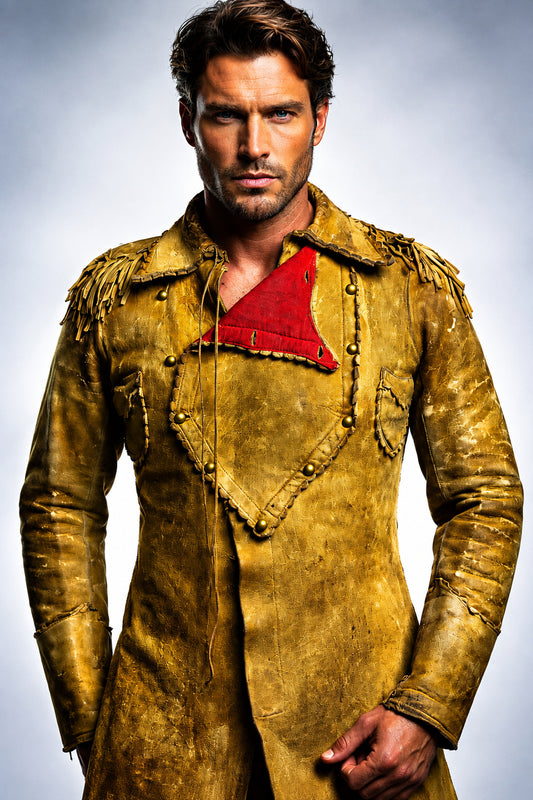Man wearing a brown leather coat with a red lining on a white background