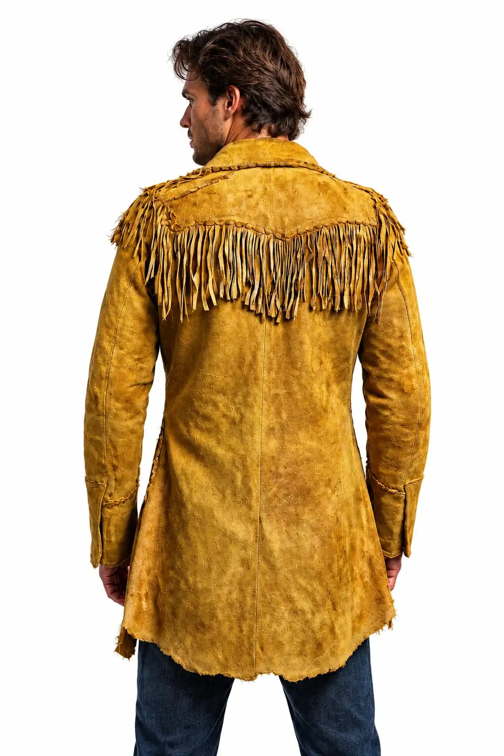Back view of a Zhim Leather Creations men's distressed mustard suede military fringe coat.