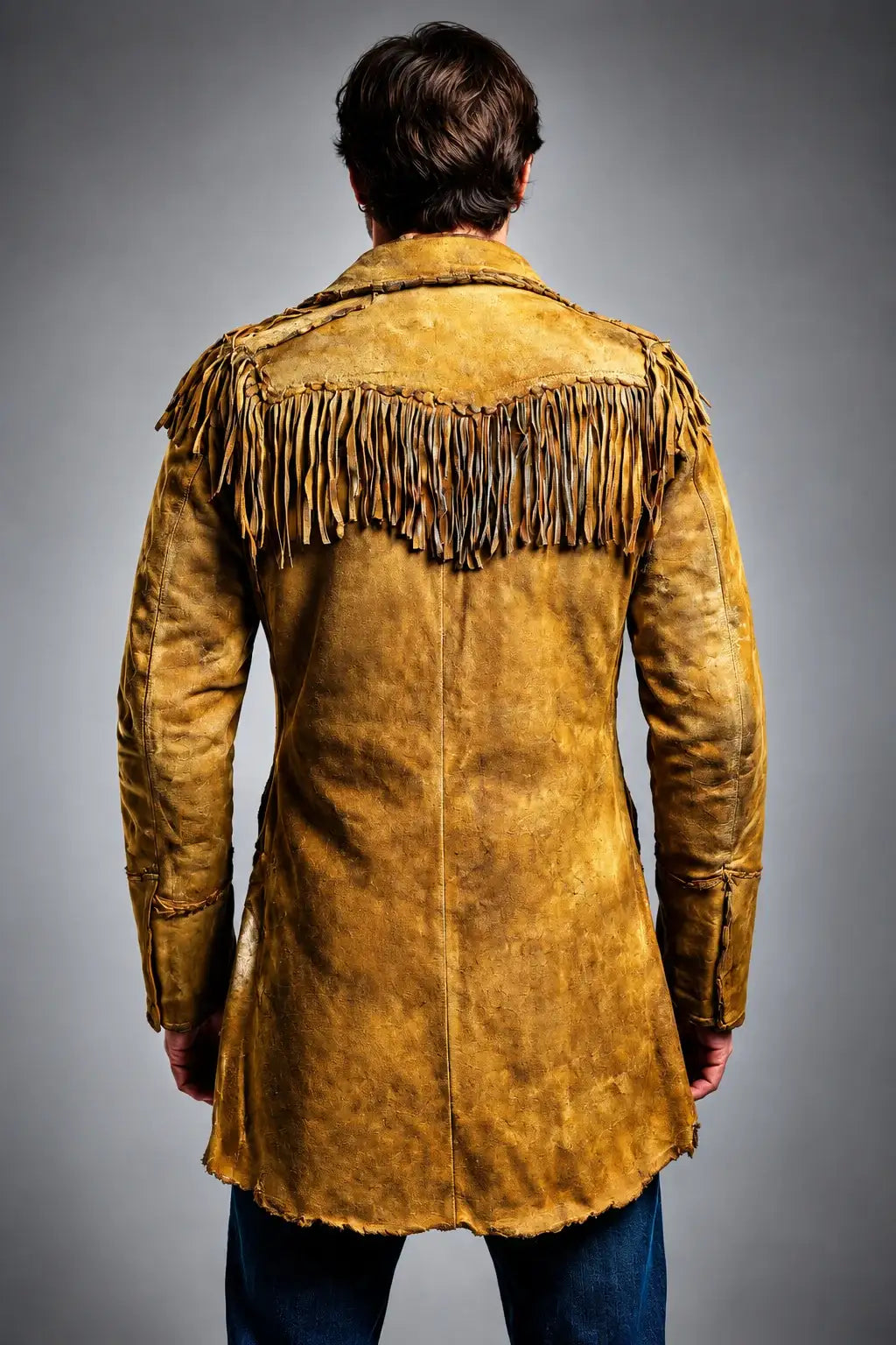 Back view of a men's distressed mustard suede military fringe coat by Zhim Leather Creations