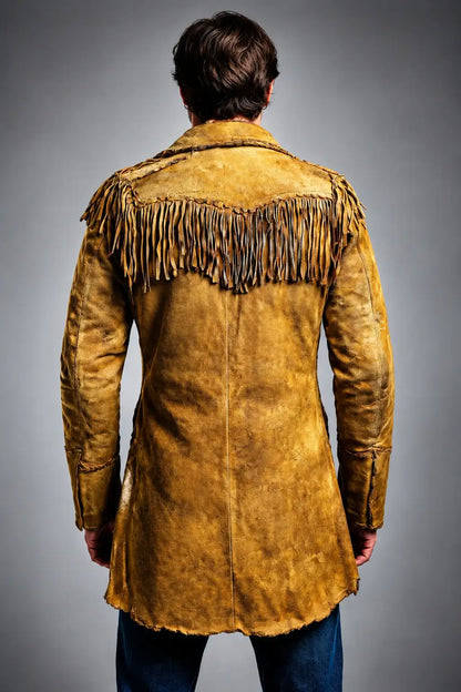Back view of a men's distressed mustard suede military fringe coat by Zhim Leather Creations