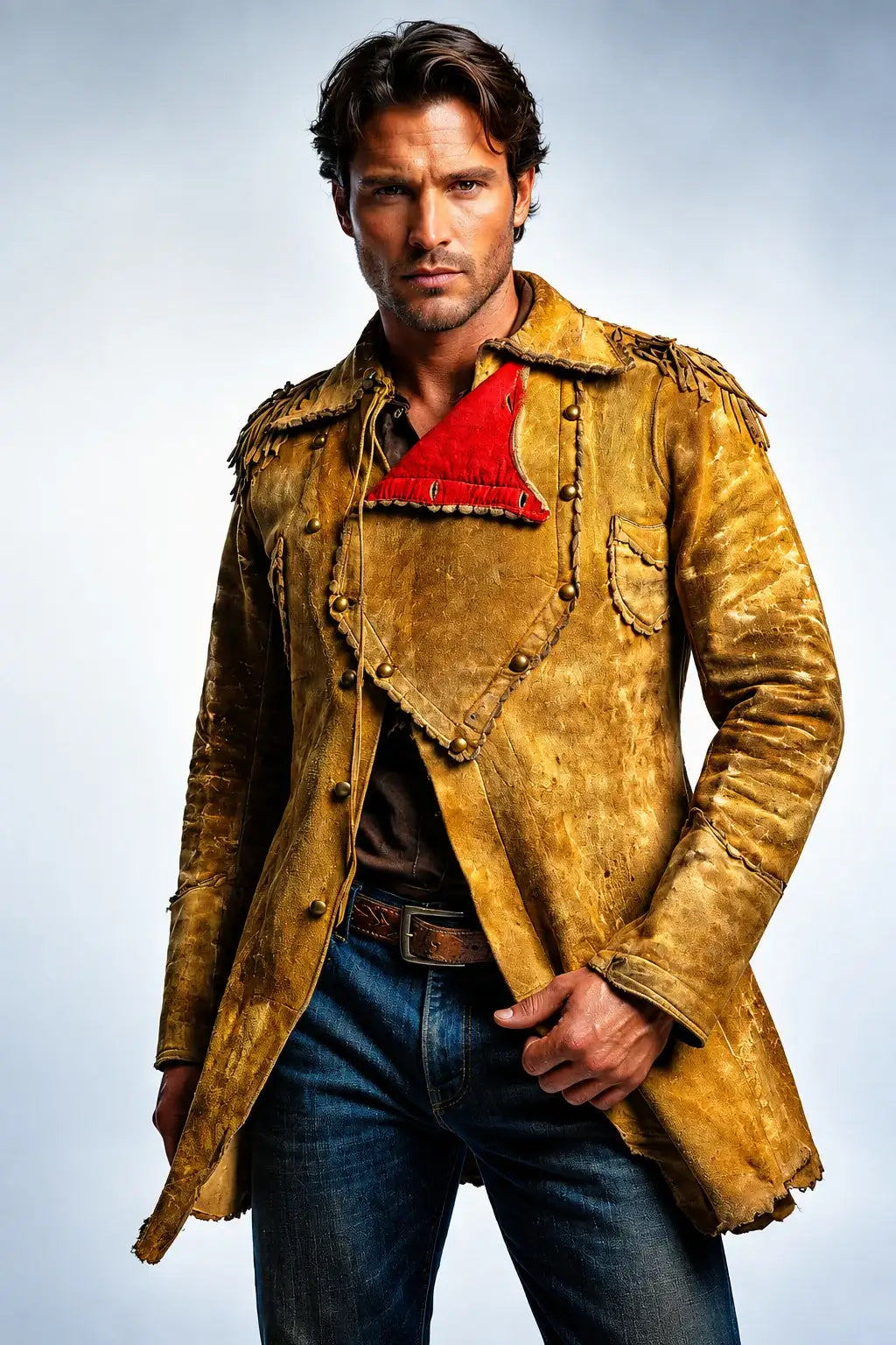 Man wearing a distressed mustard suede military fringe coat with red lining by Zhim Leather Creations