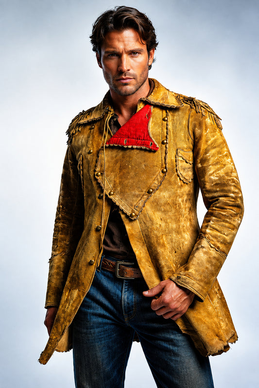 Man wearing a tan leather jacket with a red lining on a white background