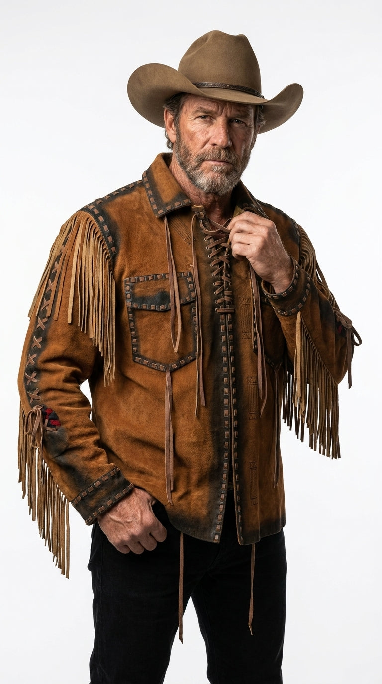 Men's Distressed Suede Fringe Jacket — Whipstitched Western Leather Coat