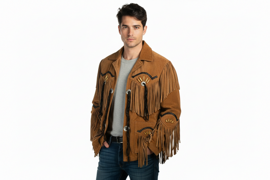 Man wearing a brown fringed jacket on a white background