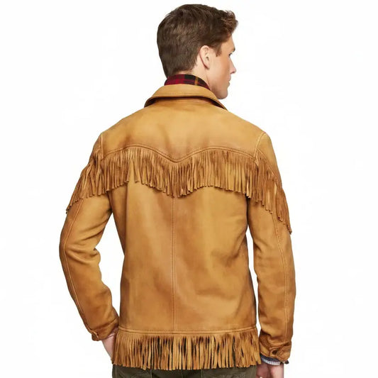 Back view of a man wearing a tan suede fringe leather jacket in Nashville Western style.