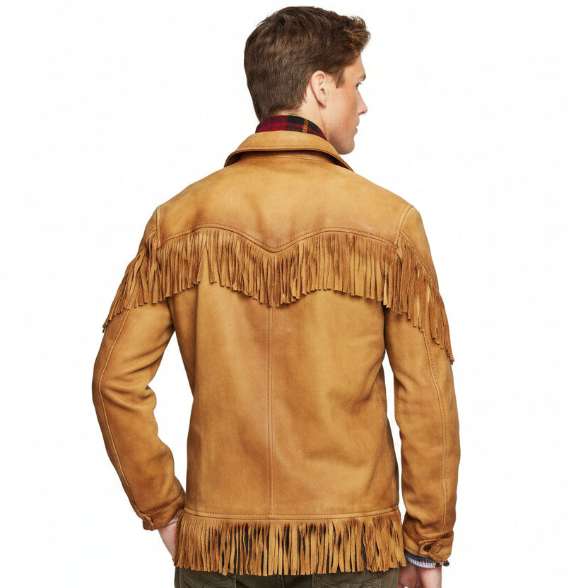 Man wearing a tan suede jacket with fringe details on a white background