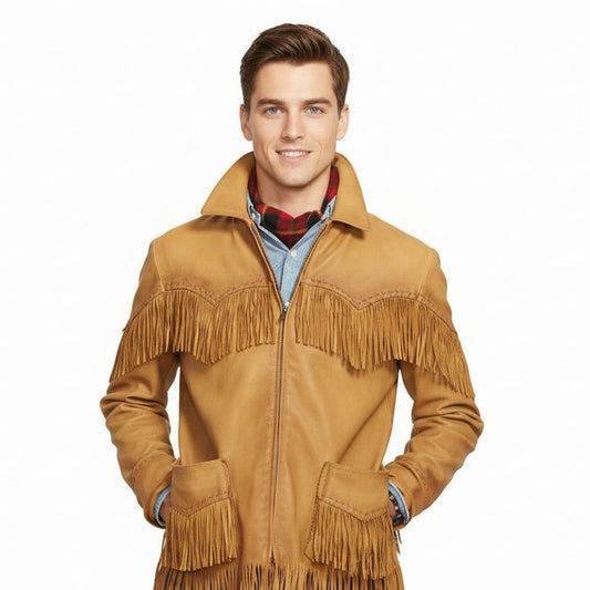 Man wearing a tan fringed jacket on a white background