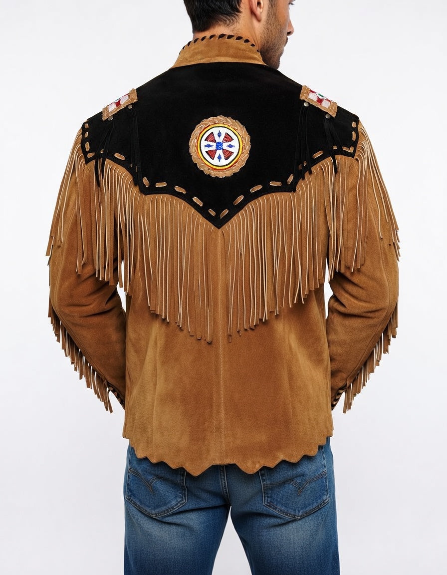 Brown suede jacket with fringes and a decorative back panel on a white background