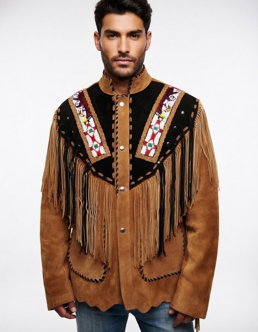 Man wearing a brown suede jacket with intricate designs and fringes on a white background