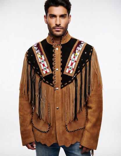 Man wearing a brown suede jacket with intricate designs and fringes on a white background