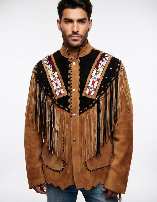 Man wearing a brown suede jacket with intricate designs and fringes on a white background