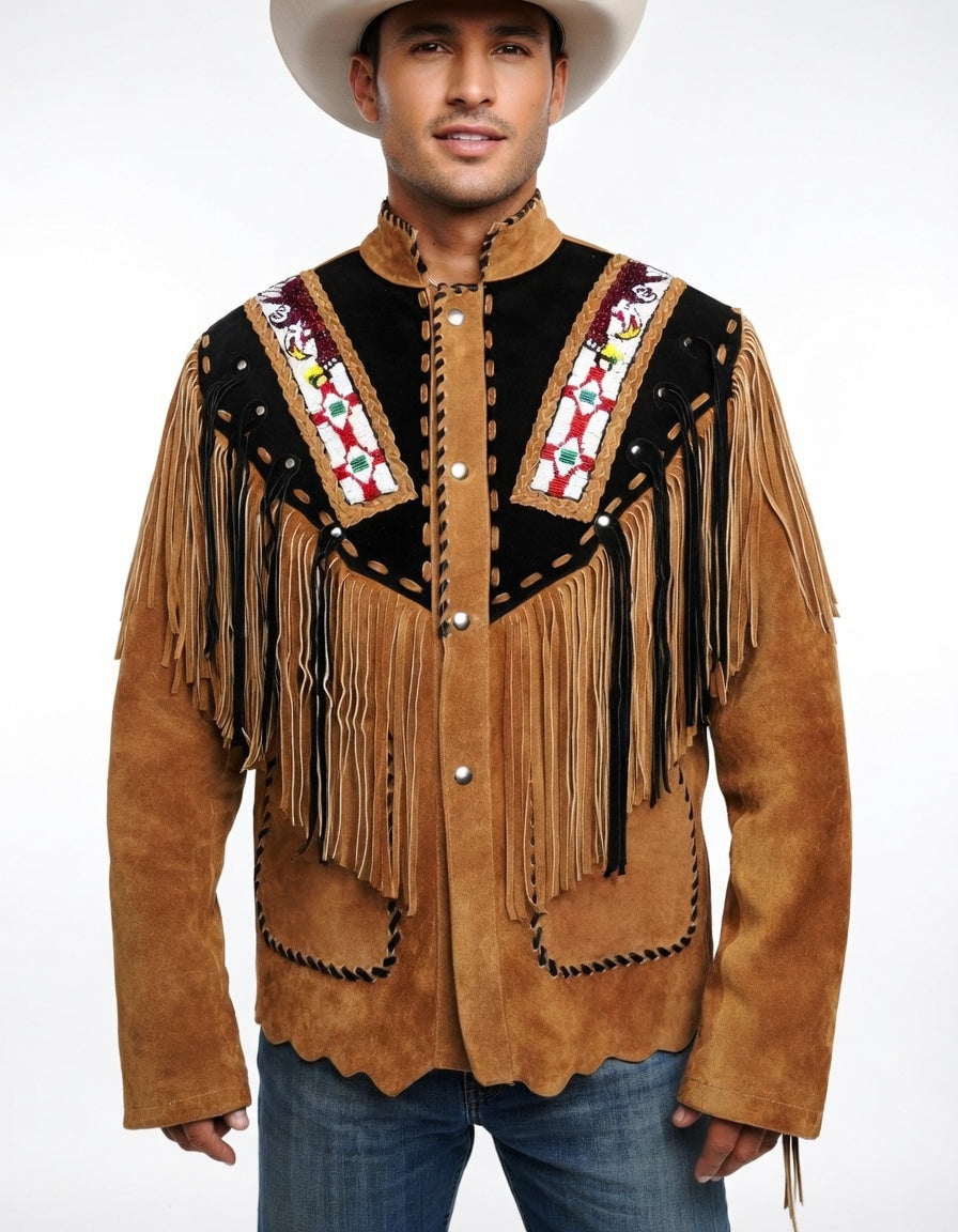 Man wearing a traditional western-style jacket with fringes and embroidery on a white background