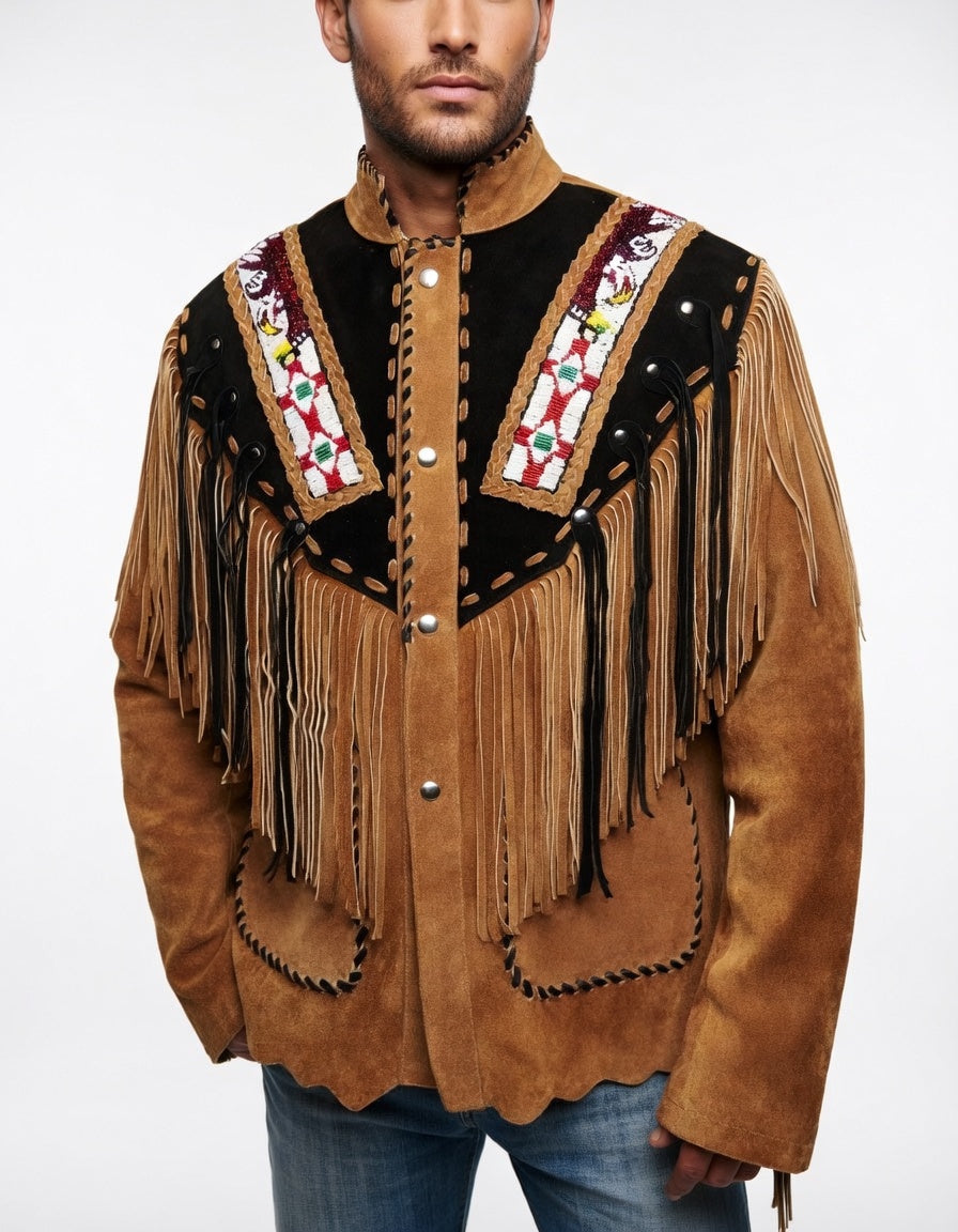 Man wearing a brown suede jacket with fringes and embroidery on a white background