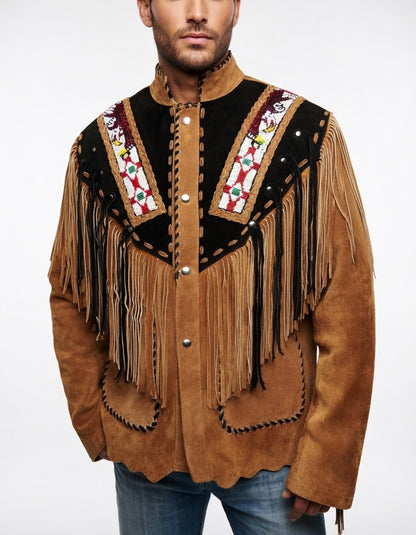 Man wearing a brown suede jacket with fringes and embroidery on a white background