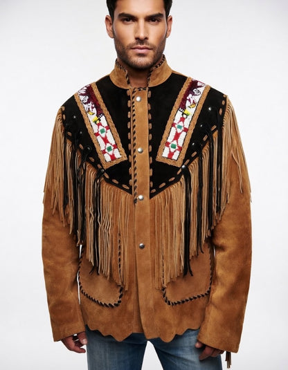 Man wearing a traditional brown leather jacket with fringes and embroidery on a white background