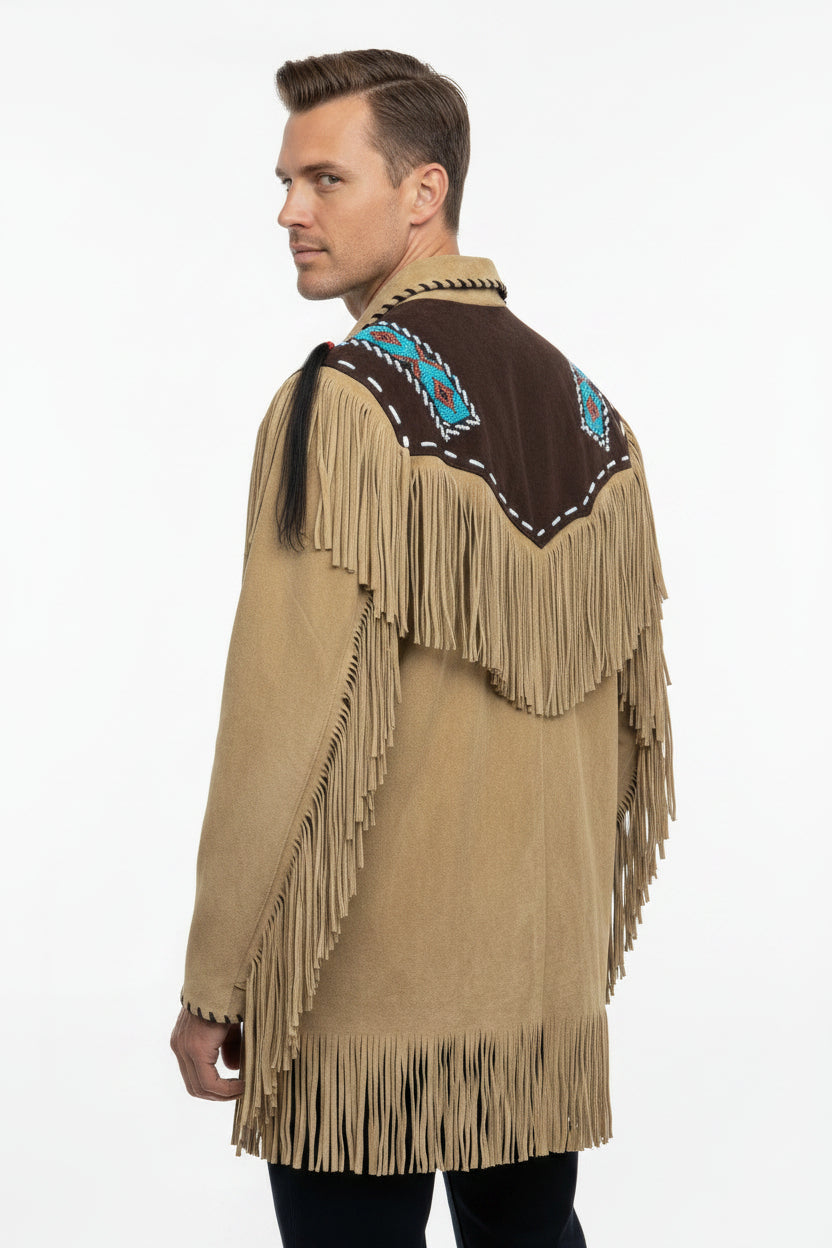Man wearing a traditional fringed jacket with intricate designs on a white background
