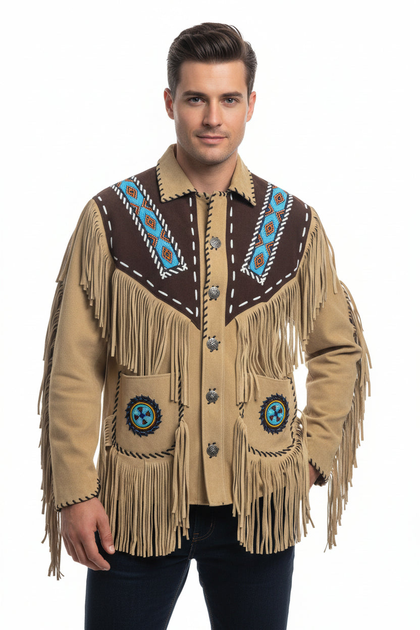 Man wearing a traditional western-style jacket with fringes and bead decorations on a white background