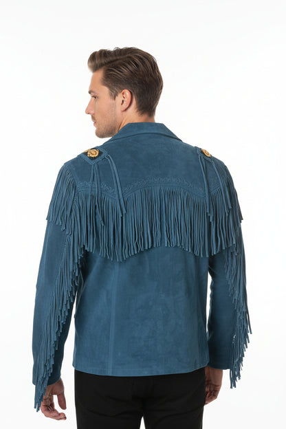 Man wearing a blue suede jacket with fringe details on a white background