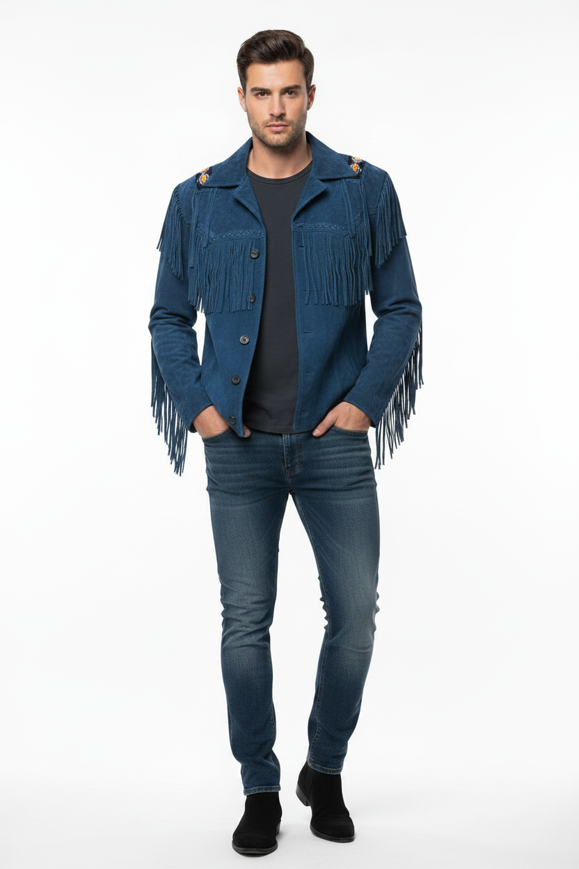 Man wearing a blue fringed jacket on a white background