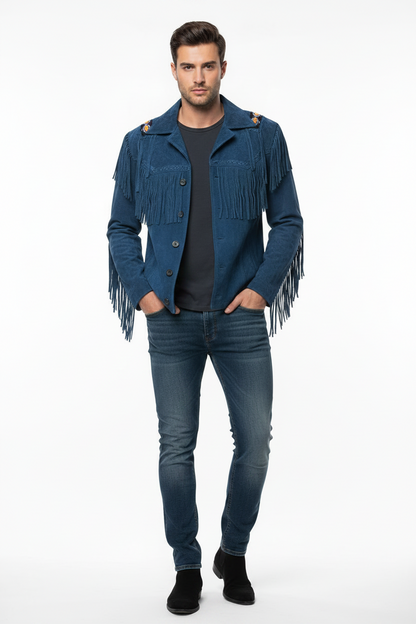 Man wearing a blue fringed jacket on a white background