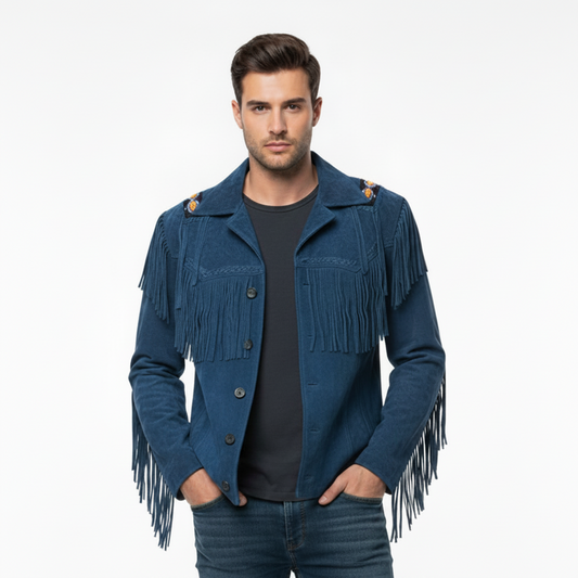 Man wearing a Turquoise fringed jacket on a white background
