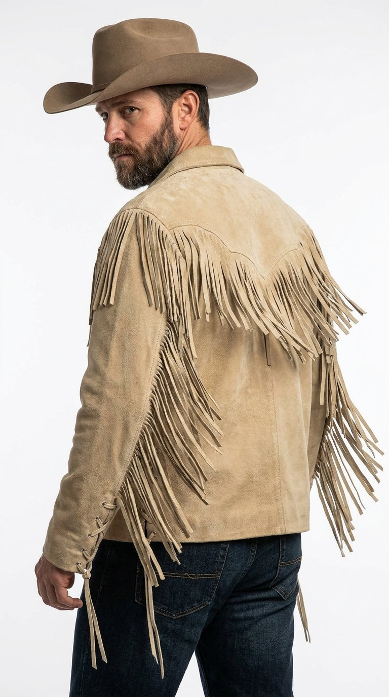 Man wearing a beige suede fringe jacket and cowboy hat on a white background