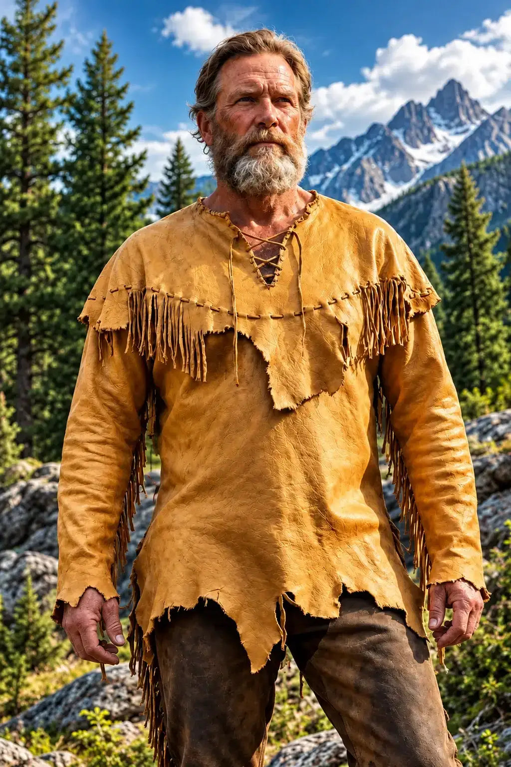 Man wearing a Zhim Leather Creations buckskin shirt with fringe in a mountain setting.