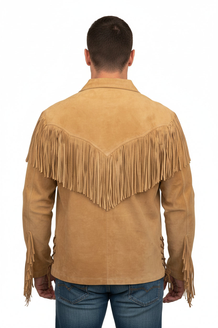 Man wearing a tan suede jacket with fringes on a white background
