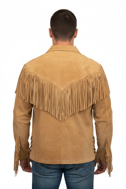Man wearing a tan suede jacket with fringes on a white background
