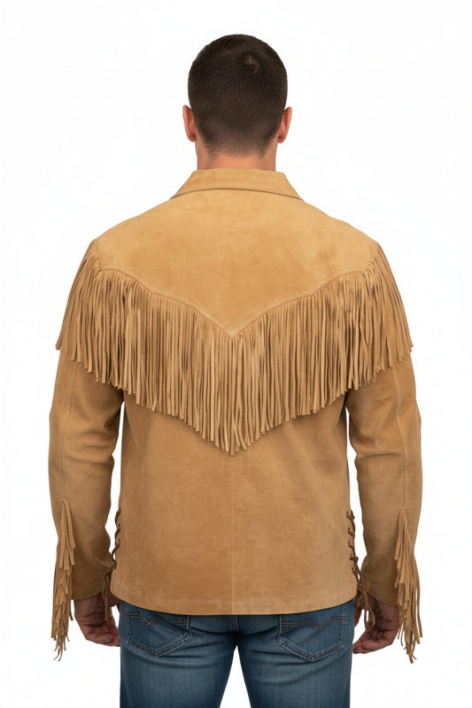 Man wearing a tan suede jacket with fringes on a white background