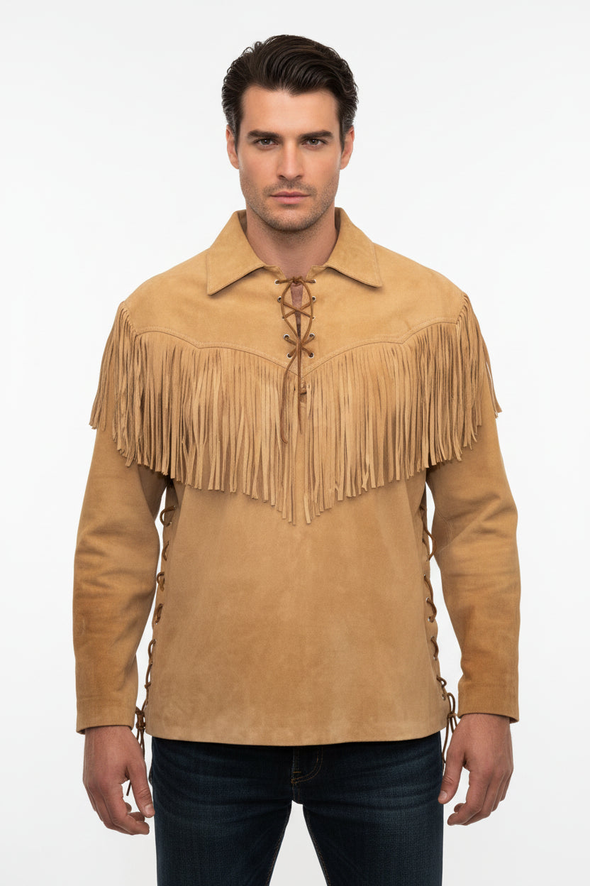 Man wearing a tan suede fringe jacket on a white background