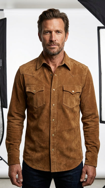 Men's Tobacco Cognac Suede Western Snap Shirt — Antique Brass Hardware | Western Yoke | Dual Chest Pockets | Genuine Suede | Handcrafted