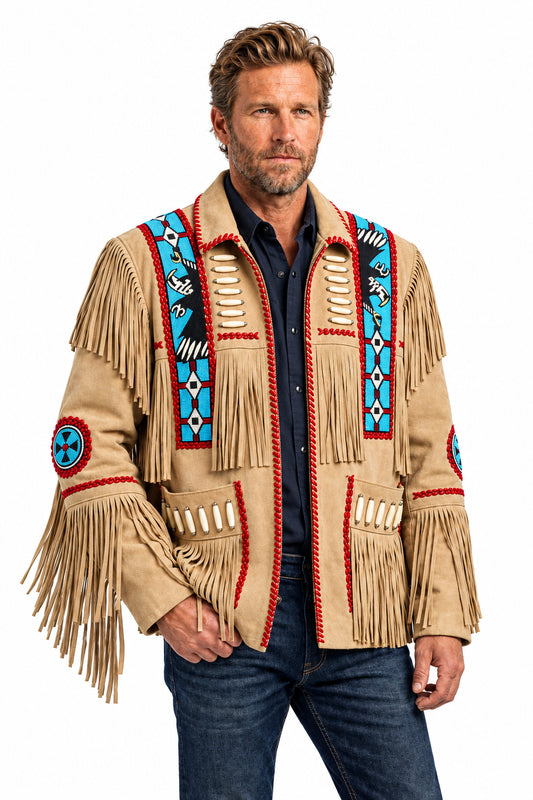 Men's tan suede western jacket with fringe, turquoise geometric beadwork, and bone hairpipe detailing