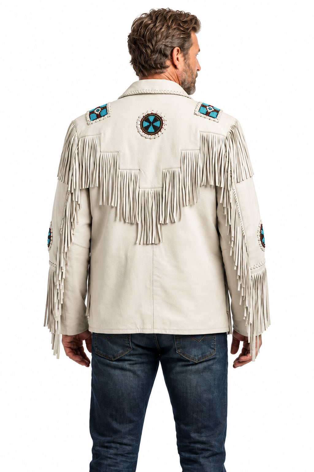 Back of men's white suede western jacket showing stepped yoke fringe and circular beaded medallions