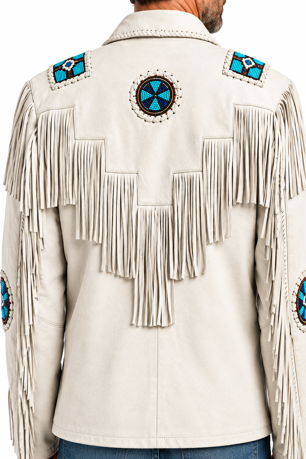 Back of men's white suede western jacket showing stepped yoke fringe and circular beaded medallions