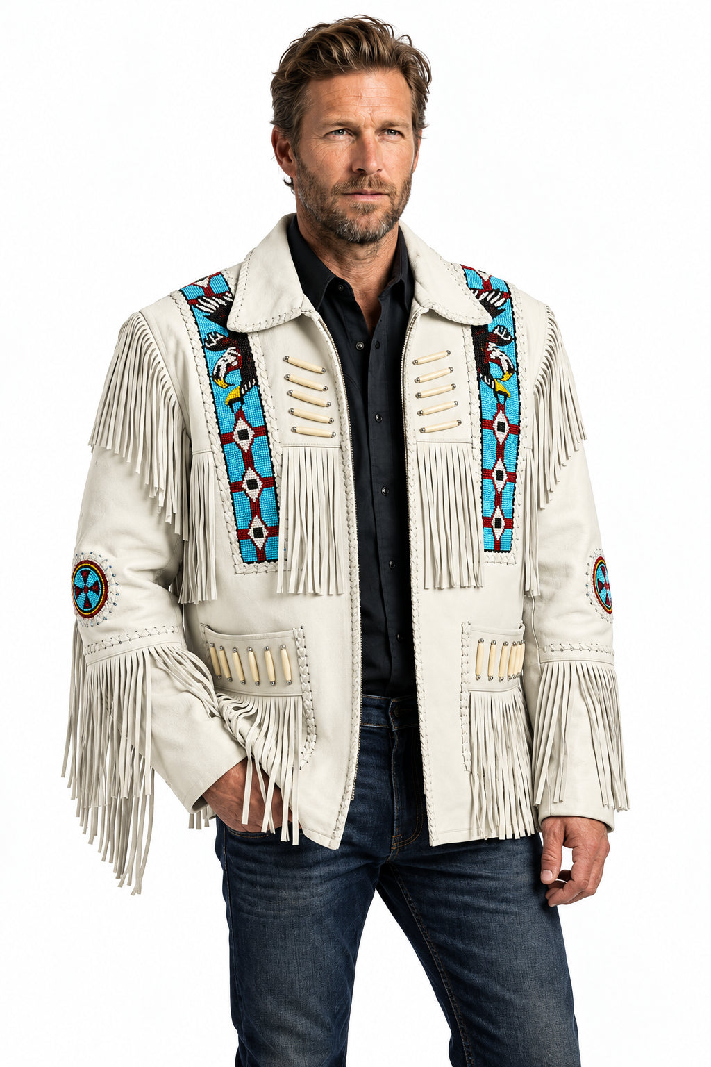 Man wearing a Zhim Leather Creations white suede beaded fringe cowboy jacket.