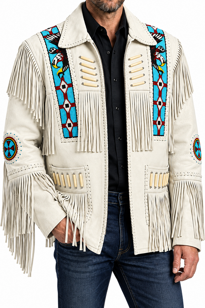 Men's white suede cowboy jacket featuring heavy fringe, blue eagle beadwork, and bone hairpipe chest accents