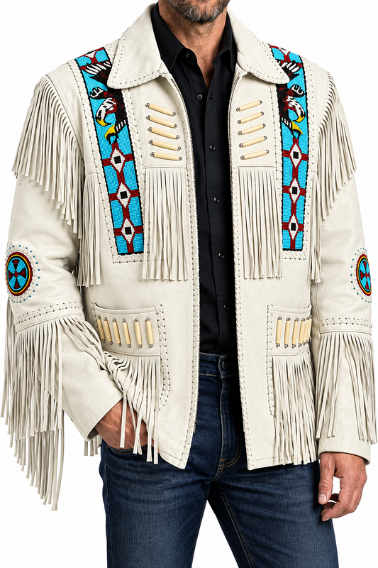Men's white suede cowboy jacket featuring heavy fringe, blue eagle beadwork, and bone hairpipe chest accents