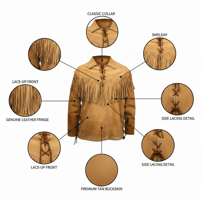 Men's Tan Suede Chest Fringe Western Shirt Lace-Up Cowboy Leather Pullover