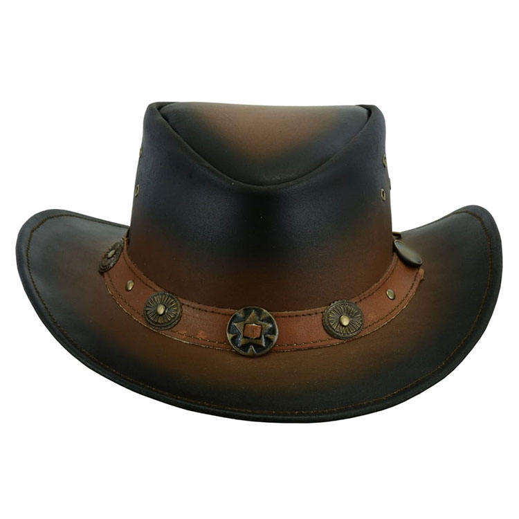 Brown leather hat with decorative studs on a white background