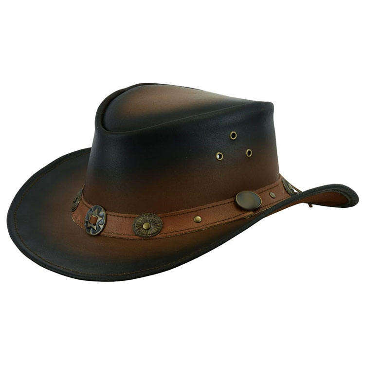 Men's genuine leather cowboy hat in two-tone distressed brown-black finish with antique brass star concho hatband and dome rivets — front view