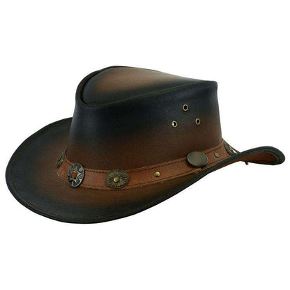 Men's genuine leather cowboy hat in two-tone distressed brown-black finish with antique brass star concho hatband and dome rivets — front view