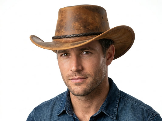 Men's rustic tan distressed leather cowboy hat showing braided leather band, brass eyelets, wide curved brim and open crown — three-quarter top angle view