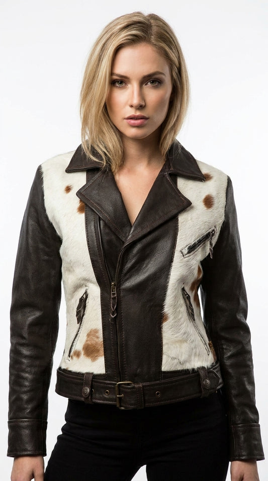 Women's Genuine Cowhide Ponyhair Leather Jacket – Brown & White Patchwork Hair On Hide Coat