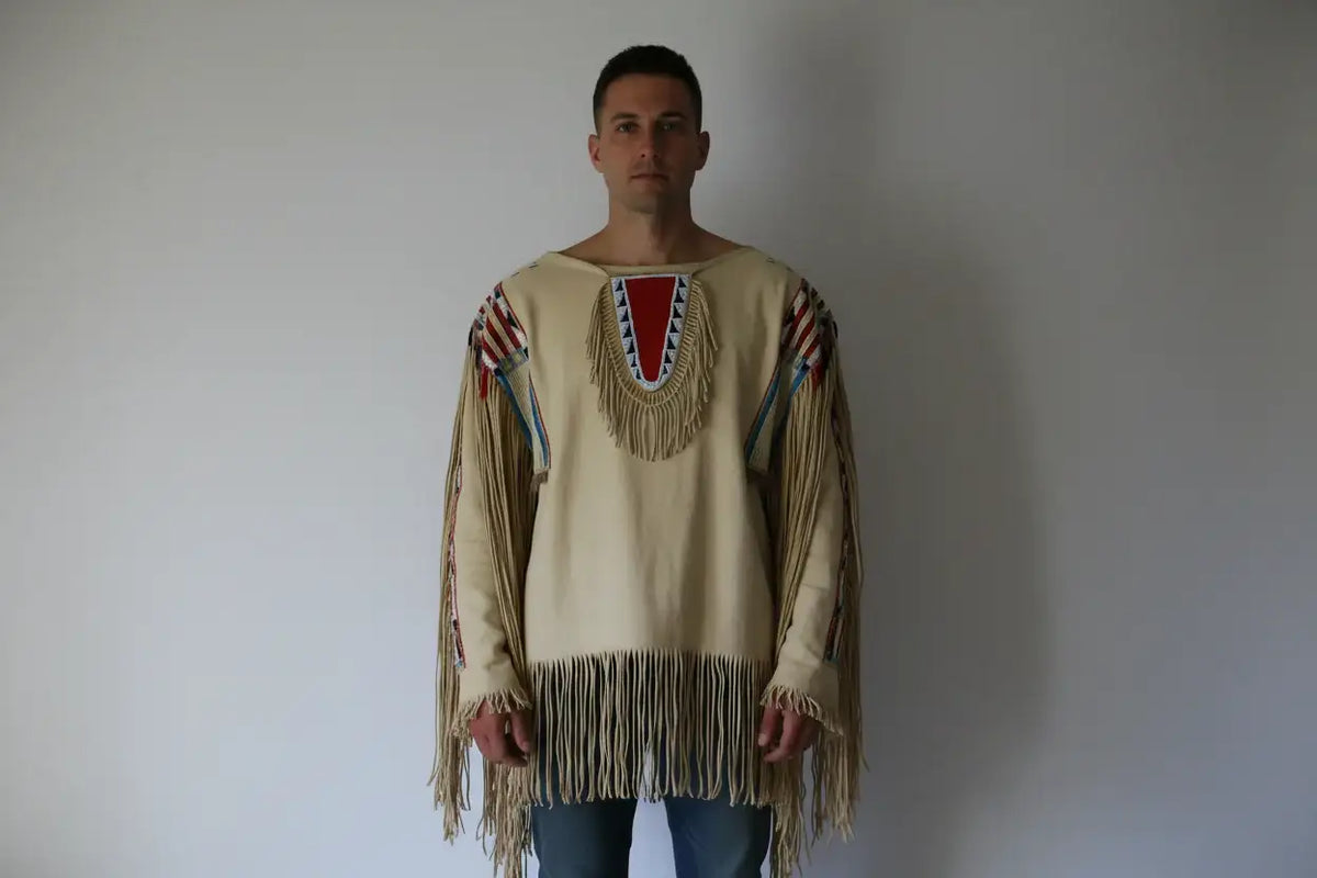 Handmade Zhim Leather Creations beaded Native American style suede war shirt with fringe