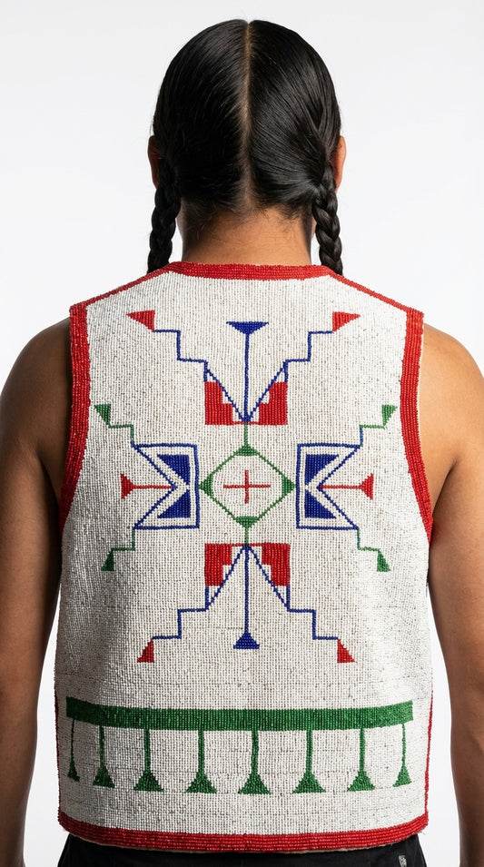 Person wearing a sleeveless patterned top with geometric design on a white background