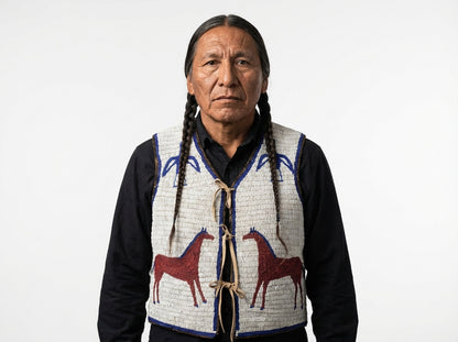 Old American Sioux Style Handmade Fully Beaded Powwow Regalia Vest BV5
Man wearing a patterned vest with horse designs on a white background